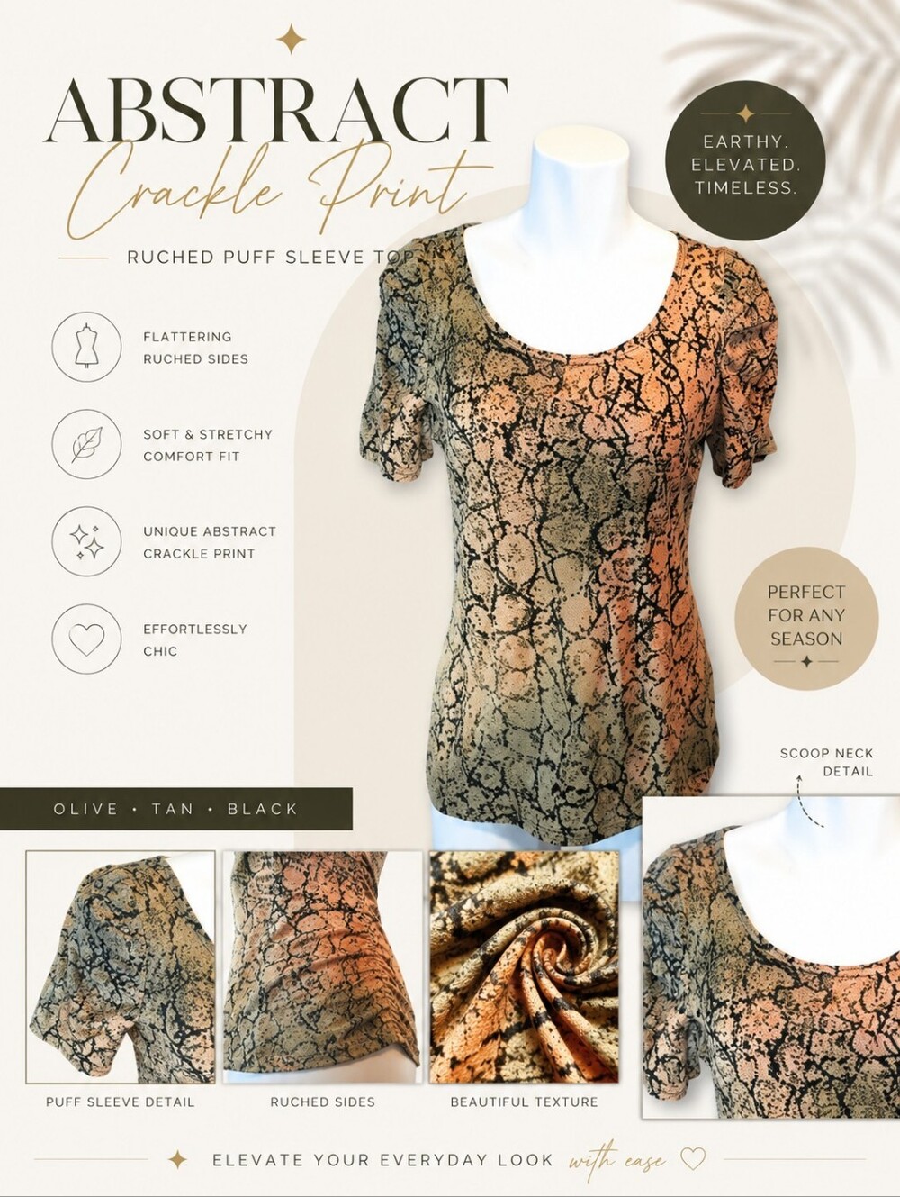 Abstract‎ Crackle Print Ruched Puff Sleeve Scoop Neck Top Olive Tan Black